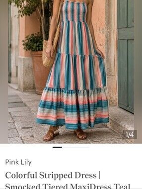 Colorful Stripped Dress | Smocked Tiered MaxiDress Teal Coral Vacation Sz Small